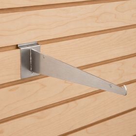 12-inch slatwall shelf bracket in a premium brushed satin chrome finish on a maple laminate panel.