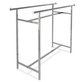 Adjustable double bar clothing rack in polished chrome for retail showrooms. (Teardrop end caps on chrome garment rack for optional hangrail extensions.)
