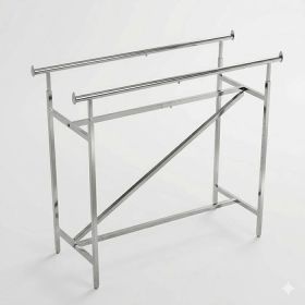Heavy-duty chrome double rail garment rack with Z-brace for retail display use. Elevated angle view.