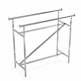 Heavy-duty chrome double rail garment rack with Z-brace for retail display use. Elevated angle view.