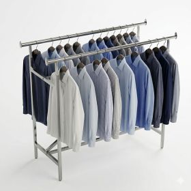 Double rail clothing rack with shirts displayed, chrome retail garment rack high capacity for maximizing display space