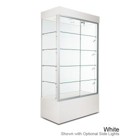 White freestanding display case with LED lighting – angled view