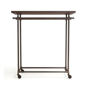 Front-on view of a dark grey pipeline double-bar clothing rack with a dark wood top shelf.