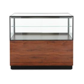 Half-Vision Sore Display Case, Walnut Laminate with black aluminum hardware.