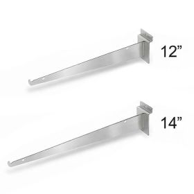 Premium brushed satin chrome slatwall shelf brackets with a matte metallic finish for luxury retail.