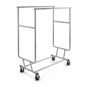 Double Rail Rolling Garment Rack for Retail and Commercial Storage.
