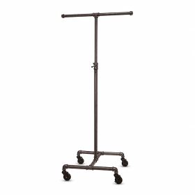 Grey adjustable pipeline clothing rack with black casters for retail merchandising