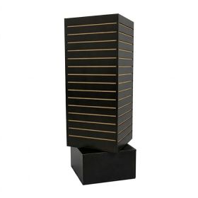 Black 4-sided rotating slatwall display tower turned on its axis to show 360-degree merchandising capability.