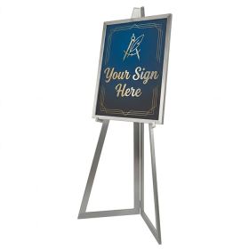 Satin chrome Lobby Sign Holder Stand showing a 1/4 inch thick poster board insert for commercial business or event signage.