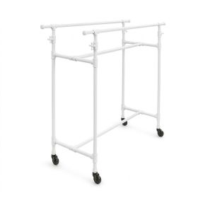 White industrial pipe double clothes rack with adjustable rails for boutique apparel display.