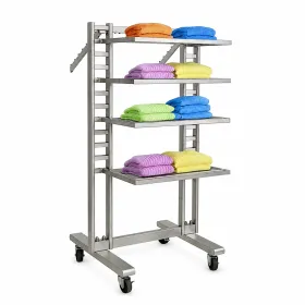Mobile retail ladder rack system displaying folded colorful sweaters on adjustable metal shelves.