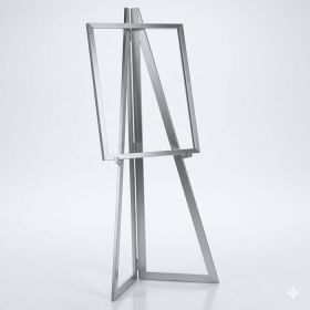 Modern 60-inch folding metal easel sign holder in a satin chrome finish for retail lobbies and storefront displays.
