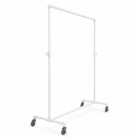 Heavy-duty white pipeline clothing rack with industrial plumbing pipe fittings and four rolling casters.