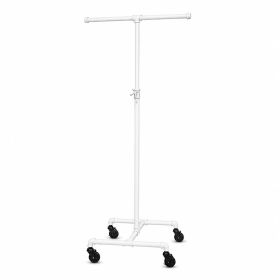 White pipeline T-bar clothing rack with wheels and adjustable height for retail apparel displays