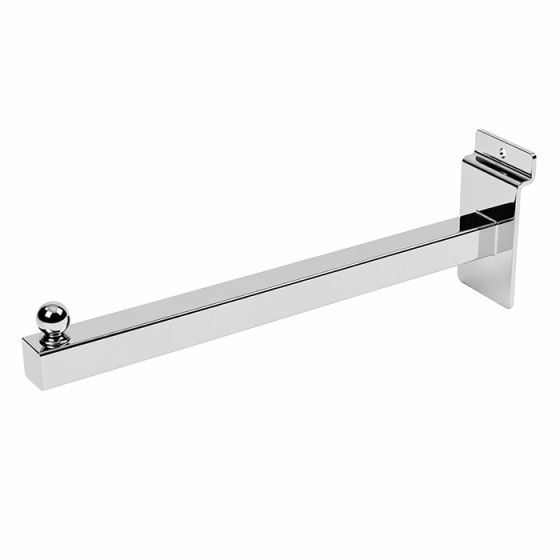 12-inch straight faceout for retail slatwall panels in polished chrome.