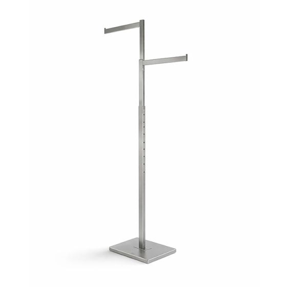 Satin chrome 2-way clothing rack with adjustable rectangular arms for retail apparel display