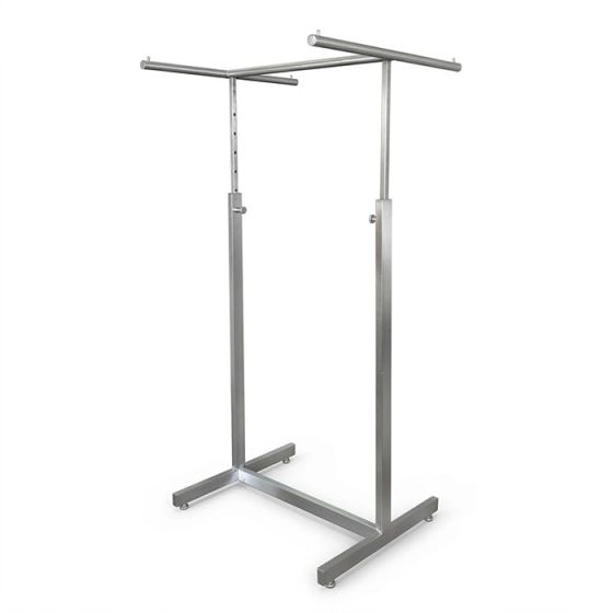 Satin chrome 4-way clothing rack for boutique merchandising display.