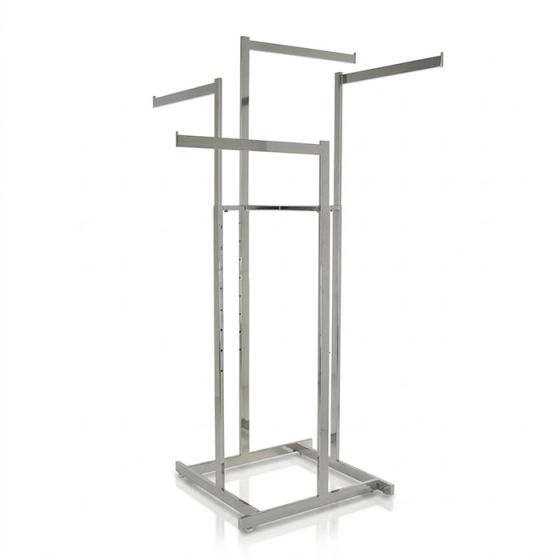 Chrome 4-way high-capacity clothing rack with adjustable arms for retail display.