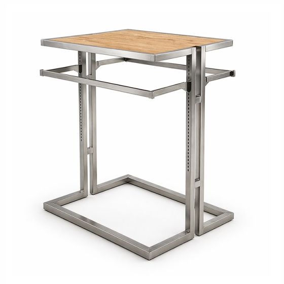 Alta display gondola with satin chrome frame 2 hang rails and a maple wood top shelf on white background