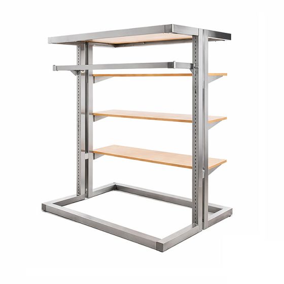 Alta Clothing Display Gondola with Adjustable Height Shelves and Hangrail.
