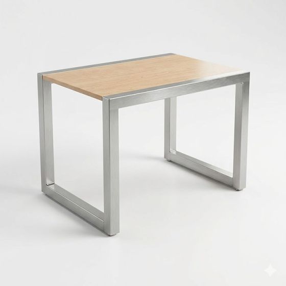 Medium Alta retail display table with a maple laminate top and satin chrome steel square tubing frame.