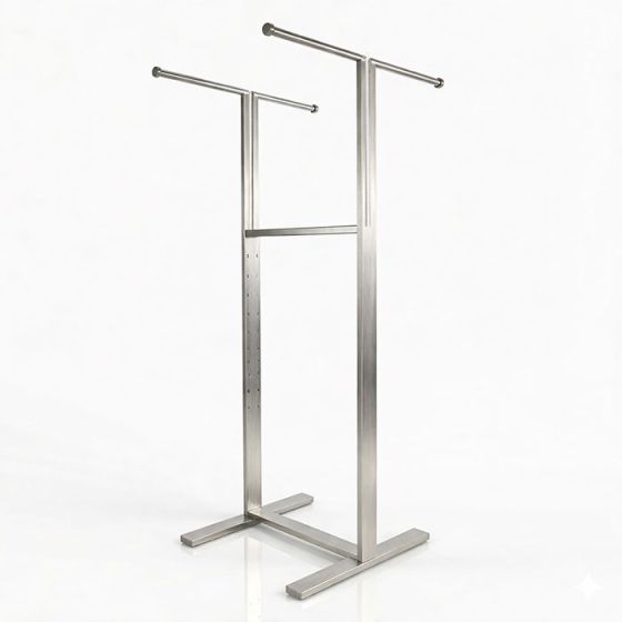 Bauhaus 4-way rack's parallel straight arm rails with adjustable height settings for custom garment display.