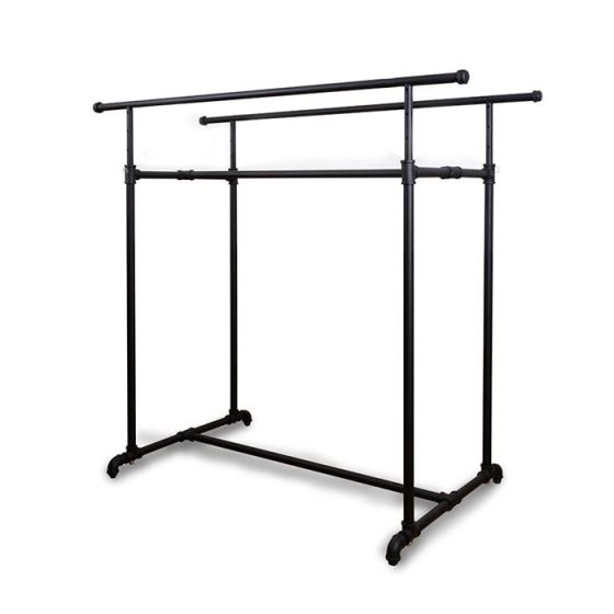Professional-grade black pipeline double bar H-rack with adjustable rails and industrial pipe design.