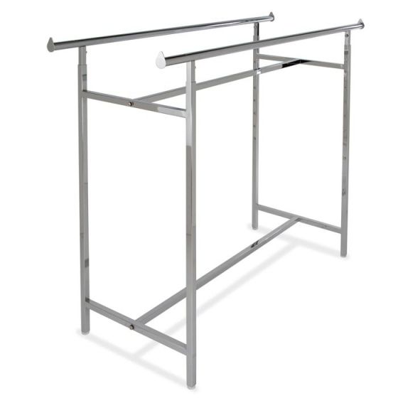 Adjustable double bar clothing rack in polished chrome for retail showrooms. (Teardrop end caps on chrome garment rack for optional hangrail extensions.) The commercial grade H-rack base shows welded box-section steel for heavy retail inventory.