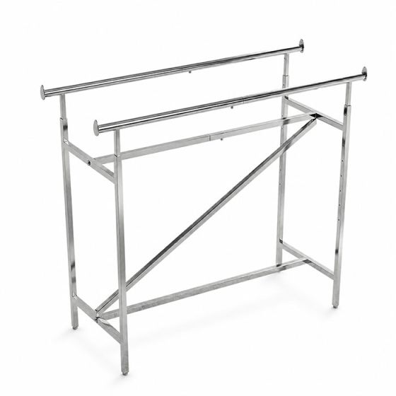 Heavy-duty chrome double rail garment rack with Z-brace for retail display use. Elevated angle view.