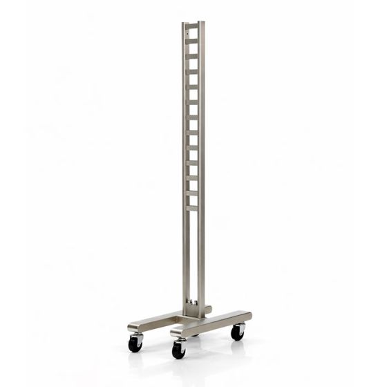 Freestanding ladder display rack upright in satin nickel with heavy-duty casters, modular retail ladder system component
