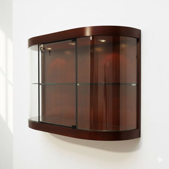 Elegant Sienna Cherry Veneer wall-hanging curio cabinet with a distinctive curved front - Angled View.