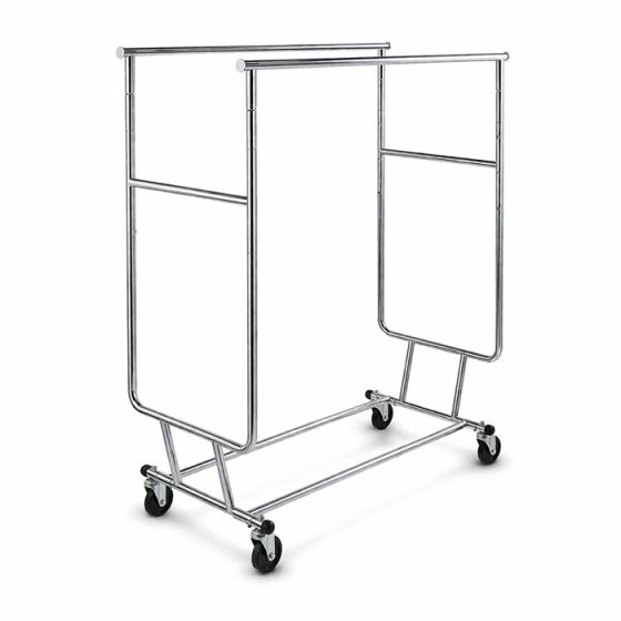 Double Rail Rolling Garment Rack for Retail and Commercial Storage.