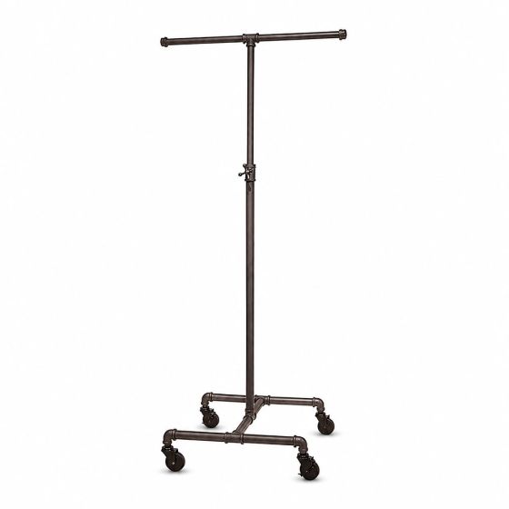 Grey adjustable pipeline clothing rack with black casters for retail merchandising