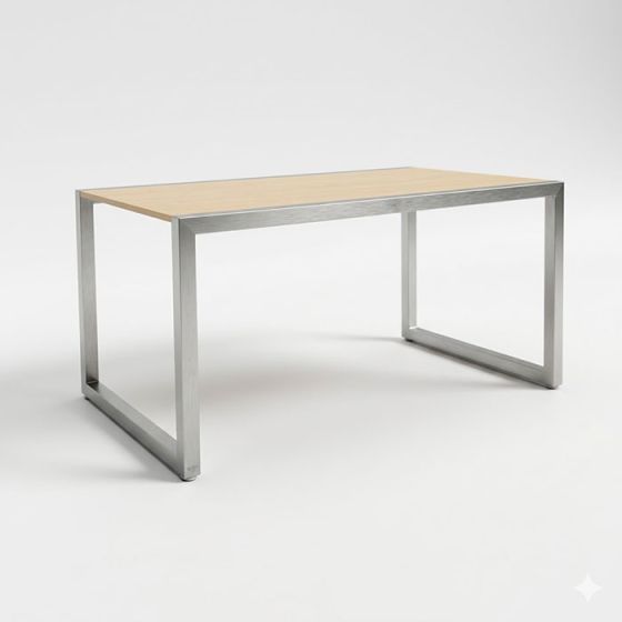Large Alta Display Table with 60-inch maple melamine top and brushed steel frame. 