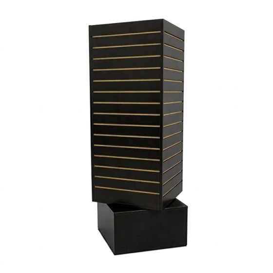 Black 4-sided rotating slatwall display tower turned on its axis to show 360-degree merchandising capability.