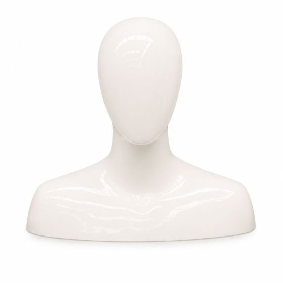 Front view of a glossy white male mannequin head with shoulders, featuring an abstract faceless design for retail display.