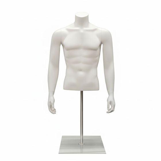 Front view of a headless male torso mannequin with arms and a muscular build on a metal stand.
