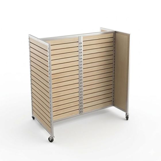 Professional heavy duty maple slatwall H-unit gondola display with silver metal frame and casters.