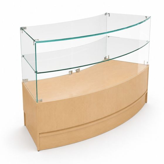 Maple curved retail showcase with tempered glass and LED lighting - Front View