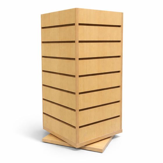 A 4-Sided Maple Laminate Slatwall Spinner for Counter Display Use.