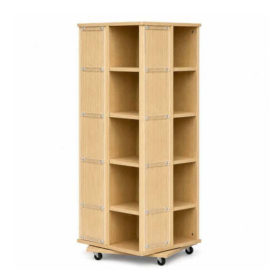 Rotating T Shirt Display with casters in Maple Laminate finish.