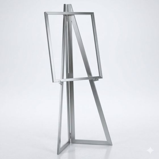 Modern 60-inch folding metal easel sign holder in a satin chrome finish for retail lobbies and storefront displays.