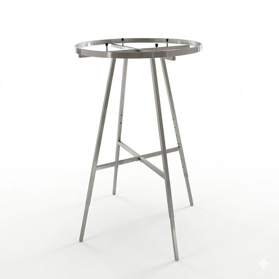 Satin chrome round clothing rack for boutique store display. 