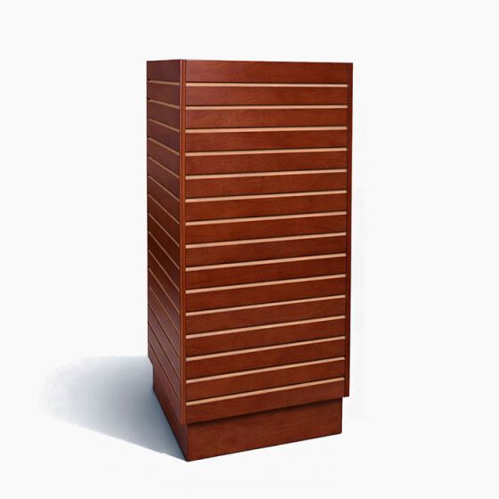 4-way cherry wood grain slatwall tower display featuring slat grooves and a fixed base for 360-degree merchandising.