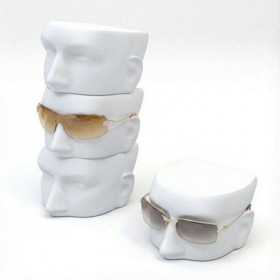Stackable men's eyewear display heads holding sunglasses on a white background