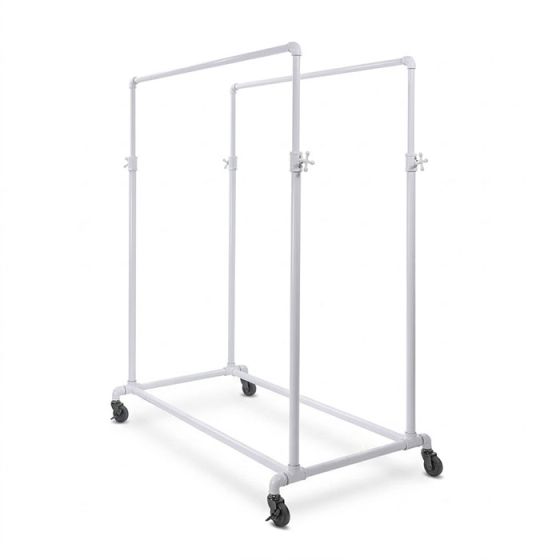 White double rail pipeline clothing rack with heavy duty casters for clothing retail display.