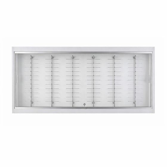 Model H374 white laminate eyewear wall mount display with silver hardware.